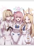  3girls absurdres animal_ear_fluff animal_ears ascot bare_shoulders black_neckerchief blonde_hair blue_archive blue_ascot blue_bow blue_halo blush bow braid capelet chanwoo closed_mouth crown_braid detached_sleeves dress feathered_wings flower forehead fox_ears fox_girl hair_between_eyes hair_bun hair_flower hair_ornament hair_scrunchie halo hand_on_another&#039;s_shoulder hand_on_another&#039;s_waist highres long_hair mika_(blue_archive) multiple_girls nagisa_(blue_archive) neckerchief one_eye_closed open_mouth pink_hair pink_halo purple_flower red_flower scrunchie seia_(blue_archive) sidelocks single_side_bun sweat tea_party_(blue_archive) white_capelet white_dress white_flower white_scrunchie wings yellow_eyes yellow_halo 