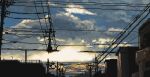  atmospheric_perspective blue_sky highres hisachan55cute mountainous_horizon no_humans original pixel_art power_lines railing scenery silhouette simple_background sky sunrise town utility_pole 