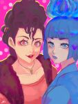  2girls animification ao-illust blue_fire blue_hair blue_lips closed_mouth disneyland fiery_hair fire formal_clothes gloves highres lipstick long_sleeves looking_at_viewer makeup ms._hades mulan_(movie) multiple_girls pretty_scar short_hair simple_background 