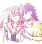  2girls aubrey_(faraway)_(omori) aubrey_(omori) bailan1130 black_eyes blue_hairband blush bright_pupils closed_eyes collarbone crop_top hairband highres holding holding_pinwheel jacket long_hair mari_(faraway)_(omori) mari_(omori) multiple_girls omori open_mouth pinwheel purple_hair short_sleeves simple_background smile white_background white_jacket white_pupils 
