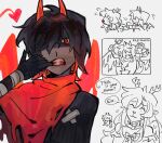  1girl 1other alternate_costume alternate_universe antlers black_hair choker commentary deer_antlers deer_girl deltarune demon_horns demon_tail demon_wings english_commentary english_text frilled_choker frills furry furry_female goomyloid hair_over_one_eye highres holding holding_polearm holding_weapon horns kris_(deltarune) multicolored_hair noelle_holiday picking_teeth polearm red_eyes red_hair red_horns red_scarf red_tail red_wings scarf short_hair tail trident two-tone_hair weapon wings 