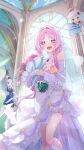  3girls @_@ absurdres arm_up asymmetrical_gloves black_eyes black_gloves blue_eyes blush bouquet braid bridal_gauntlets bridal_veil citlali_(genshin_impact) clapperboard commentary_request day dress facial_mark fingernails floating flower forehead_mark furina_(genshin_impact) gem genshin_impact gloves hair_ornament halo highres holding holding_bouquet indoors long_hair looking_at_viewer mapmap mismatched_gloves multiple_girls nail_polish open_mouth paimon_(genshin_impact) pink_flower pink_hair pink_pupils purple_gemstone purple_nails sleeveless sleeveless_dress standing star_(symbol) star_hair_ornament thighhighs triangle triangle_facial_mark twin_braids upper_body veil very_long_hair white_bridal_gauntlets white_dress white_gloves white_hair white_thighhighs white_veil 