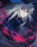  1girl arknights ascot black_background black_hat blue_hat chinese_commentary commentary_request energy grey_ascot grey_hair hair_between_eyes hat highres light_particles long_hair looking_at_viewer parted_lips penniky0119 red_eyes skadi_(arknights) solo two-sided_fabric two-sided_headwear upper_body 