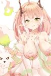  1girl absurdres ahoge antlers arm_between_breasts armpit_crease bare_shoulders between_breasts blush breasts bridal_gauntlets brown_horns cheriyfu_(vtuber) collarbone commentary commission dress fang flower green_eyes grin highres hitodama horn_flower horns indie_virtual_youtuber large_breasts long_hair looking_at_viewer mascot mugi_(mugichu) pink_dress pink_flower pink_hair pink_lips pink_tail pointy_ears simple_background smile vgen_commission virtual_youtuber white_background white_bridal_gauntlets white_dress 