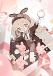  1girl alternate_costume arm_up blonde_hair box braid brown_coat brown_shoes brown_shorts brown_socks button-down_collar cake cake_slice coat collared_shirt cross_tie daizu_(melon-lemon) deerstalker detective food gift gift_box glasses gloves hat highres holding holding_magnifying_glass houndstooth in_box in_container kitchen_knife legwear_garter long_hair long_sleeves looking_at_viewer magnifying_glass natori_sana natori_sana_(detective_agency_head) open_clothes open_coat open_mouth rabbit sana_channel shirt shoes shorts sitting socks solo suspenders virtual_youtuber wariza white_gloves white_shirt 