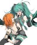  2girls a.i._voice adachi_rei android aqua_eyes aqua_hair aqua_nails aqua_necktie aqua_trim arm_tattoo bare_shoulders black_boots black_skirt black_sleeves blush boots breast_pocket breasts cable collared_shirt conjoined cowboy_shot detached_sleeves facing_viewer frilled_shirt frills grey_shirt hair_between_eyes hair_ornament hand_on_another&#039;s_thigh hand_up hatsune_miku highres joints long_hair looking_at_another mechabare medium_hair multiple_girls natwjeq necktie number_tattoo orange_eyes orange_hair partially_unbuttoned pleated_skirt pocket robot_joints shirt sidelocks simple_background sitting skirt sleeveless sleeveless_shirt small_breasts sweat tattoo teeth thigh_boots tie_clip tongue upper_teeth_only utau very_long_hair vocaloid white_background wide-eyed wide_sleeves zettai_ryouiki 