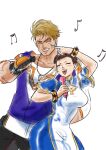  1boy 1girl absurdres bardy_warrior black_gloves blonde_hair blue_eyes breasts brown_eyes brown_hair chun-li double_bun dress fingerless_gloves gloves hair_bun highres holding holding_microphone luke_sullivan microphone music purple_vest scar scar_on_face singing street_fighter street_fighter_6 vest white_background white_dress 