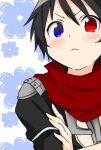  1boy assassin_cross_(ragnarok_online) black_hair black_shirt blue_background blue_eyes blush can&#039;t_be_this_cute closed_mouth commentary_request derivative_work floral_background frown heterochromia looking_at_viewer male_focus meiko_(nattu303) ore_no_imouto_ga_konna_ni_kawaii_wake_ga_nai ragnarok_online red_eyes red_scarf scarf shirt short_hair solo upper_body v-shaped_eyebrows 