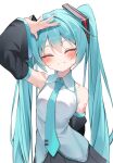  1girl :d absurdres aqua_hair aqua_nails aqua_necktie aqua_trim arm_behind_back bare_shoulders black_skirt black_sleeves blush breasts closed_eyes collared_shirt commentary detached_sleeves facing_viewer grin hand_on_own_head hatsune_miku highres long_hair necktie number_tattoo pleated_skirt ryaru_ryaru shirt simple_background skirt small_breasts smile solo tattoo twintails very_long_hair vocaloid white_background white_shirt 