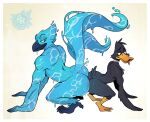 all_fours anatid anseriform anthro anthro_on_anthro ass_to_ass avian avian_feet beak big_butt bird black_body black_feathers blue_body butt daffy_duck duck duo elemental_creature european_mythology eyebrows feathers feet greek_mythology hi_res high-angle_view kolyan-artist larger_anthro larger_male looking_back looney_tunes luuklook male male/male mythological_avian mythological_bird mythological_creature mythological_firebird mythology nude phoenix raised_tail simple_background size_difference smaller_anthro smaller_male tail toes tongue tongue_out warner_brothers water water_creature