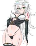  1girl aged_up alternate_breast_size alternate_hair_length alternate_hairstyle arm_at_side arm_belt ass_visible_through_thighs bandaged_arm bandages bare_shoulders black_garter_straps black_panties breasts bridal_gauntlets closed_mouth commentary_request cowboy_shot double-parted_bangs fate/apocrypha fate_(series) from_below garter_straps green_eyes grey_hair hair_between_eyes highleg highleg_panties jack_the_ripper_(fate/apocrypha) large_breasts long_bangs long_hair looking_at_viewer messy_hair micro_panties navel panties partial_commentary revealing_clothes sakura_kyuma scar scar_across_eye scar_on_cheek scar_on_face shiny_skin shoulder_tattoo simple_background solo stomach tattoo underwear very_long_hair white_background 