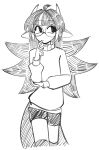  1girl animal_ears black_eyes black_shorts black_socks black_tail closed_mouth cowboy_shot hand_on_own_arm hand_on_own_face highres horns long_hair long_sleeves looking_to_the_side m8n8xide multicolored_hair original round_eyewear sheep_ears shorts socks solo spiked_hair streaked_hair sweater tail thinking turtleneck turtleneck_sweater v white_background white_hair white_horns white_sweater 