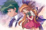  1boy 1girl blue_eyes bow detective dual_persona green_hair hair_bow hand_on_own_chest haneoka_meimi kaitou_saint_tail long_hair magical_girl orange_hair school_uniform shaded_face short_hair short_sleeves suzuki_(2red_moon3) v-shaped_eyebrows 
