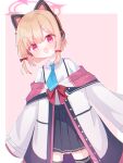  1girl :d animal_ear_headphones animal_ears black_coat black_skirt black_thighhighs blonde_hair blue_archive blue_necktie blunt_ends blush border bow buttons cat_ear_headphones cat_ears chromatic_aberration coat collared_shirt commentary cowboy_shot dot_nose dress_shirt eyes_visible_through_hair fake_animal_ears frilled_coat frilled_skirt frills hair_bow halo headphones highres leaning_to_the_side long_sleeves looking_at_viewer low-tied_sidelocks momoi_(blue_archive) multicolored_coat necktie off_shoulder open_mouth outside_border parted_bangs pink_background pink_coat pink_eyes pink_halo pleated_skirt red_bow school_uniform shirt shirt_tucked_in short_hair short_necktie sidelocks simple_background skirt sleeves_past_fingers sleeves_past_wrists smile solo suspender_skirt suspenders thighhighs tyonar22 unbuttoned v-shaped_eyebrows white_border white_coat white_shirt wide_sleeves 