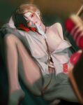  1girl absurdres artificial_vagina black_hair black_pantyhose blurry blurry_foreground breasts condom condom_wrapper fangs glasses gloves highres large_breasts legs_up lips long_hair looking_at_viewer mouth_hold multicolored_hair navel nekobell no_panties original pantyhose pussy red_eyes red_hair red_nails sex_toy solo spread_legs stethoscope_around_neck tenga two-tone_hair unworn_gloves 