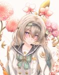  1girl black_hairband black_ribbon blush bow bowtie buttons closed_mouth collared_shirt double-breasted firefly_(honkai:_star_rail) firefly_(spring_missive)_(honkai:_star_rail) flower gradient_eyes gradient_hair green_bow green_bowtie green_pupils grey_sailor_collar hair_ornament hair_ribbon hairband highres honkai:_star_rail honkai_(series) multicolored_eyes multicolored_hair pink_flower plaid_bow plaid_bowtie plaid_clothes ribbon sailor_collar shirt shnzoe79 simple_background smile solo white_background white_shirt 