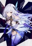  1girl absurdres bare_shoulders breasts broken_glass cleavage collarbone commentary crossed_bangs crystal_shards dress floating_hair genshin_impact glass glass_shards hair_between_eyes hair_intakes hair_ornament halter_dress halterneck highres large_breasts light_blush long_hair looking_at_viewer night night_sky parted_lips prosthesis prosthetic_arm prosthetic_leg red_eyes shakkiyi short_dress skirk_(genshin_impact) sky solo star_(sky) thighs very_long_hair white_dress white_hair 