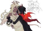  1girl 1other alternate_costume alternate_universe angel_and_devil antlers black_hair black_unitard blonde_hair choker commentary deer_antlers deer_girl deer_tail deltarune demon_horns demon_wings dress english_commentary frilled_choker frilled_dress frills furry furry_female goomyloid halo hand_on_another&#039;s_face highres horns kiss kissing_cheek kris_(deltarune) long_hair multicolored_hair noelle_holiday off-shoulder_dress off_shoulder other_with_female red_hair red_horns red_scarf red_tail scarf shared_handcuffs streaked_hair tail two-tone_hair very_long_hair white_choker white_dress wide-eyed wings 