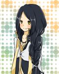  1boy arch_bishop_(ragnarok_online) bishounen black_coat black_hair blush closed_mouth coat commentary_request cropped_jacket cross cross_necklace green_background jacket jewelry long_hair long_sleeves looking_afar male_focus meiko_(nattu303) necklace ragnarok_online smile solo upper_body white_background white_jacket yellow_eyes 