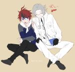  2boys ahoge aotsuki_eito arrow_(symbol) black_gloves black_pants book closed_eyes drawstring full_body gloves grey_hair grey_jacket grey_socks hand_on_another&#039;s_arm holding holding_book hood hooded_jacket hoodie jacket male_focus multicolored_hair multiple_boys open_clothes open_jacket pants purple_eyes red_hair seiran_yoroz small_sweatdrop smile socks streaked_hair sumino_takumi the_hundred_line_-last_defense_academy- twitter_username white_hoodie white_jacket white_pants yellow_background 