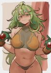  1girl absurdres bikini blush boku_no_hero_academia breasts closed_mouth commentary deku&#039;s_photo_of_hagakure_toru english_commentary gloves green_bikini green_eyes green_gloves green_hair green_panties hagakure_toru highres large_breasts long_hair looking_at_viewer messy_hair multicolored_hair navel official_alternate_costume panties pink_streaks pointing pointing_at_self sagaandersart simple_background smile solo swimsuit turtleneck_bikini_top two-tone_gloves underwear unusually_visible 