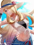  1girl arm_up bikini bikini_under_clothes blonde_hair blue_sarong blue_sky border breasts closed_mouth cloud crop_top cynthia_(pokemon) day flower grey_eyes hair_over_one_eye hat hat_flower highres long_hair medium_breasts navel outdoors pokemon pokemon_masters_ex red_flower sarong shirt sky smile solo stomach sun_hat sunlight swimsuit tied_shirt tyotto22 very_long_hair white_border 
