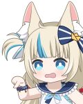  1girl ahoge animal_ear_fluff animal_ears blonde_hair blue_bow blue_eyes blue_hair blue_sailor_collar bow bright_pupils cat_ears chibi hair_bow indie_virtual_youtuber long_hair multicolored_hair open_mouth pointing sailor_collar sameko_saba solo streaked_hair upper_body virtual_youtuber white_pupils zephylyne 