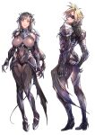 1boy 1girl black_hair blonde_hair bodysuit breasts claws closed_mouth cloud_strife cloud_strife_(bahamut_garb) commentary_request covered_navel dragon_wings eye_mask facing_back final_fantasy final_fantasy_vii final_fantasy_vii_ever_crisis full_body headpiece highres hip_vent large_breasts long_hair looking_at_viewer low-tied_long_hair mugikoma official_alternate_costume pink_lips red_eyes short_hair shoulder_pads single_wing smile spiked_hair standing straight-on swept_bangs tifa_lockhart tifa_lockhart_(bahamut_suit) white_background wings 