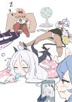  4girls ako_(blue_archive) barefoot blue_archive cellphone cellphone_photo chinatsu_(blue_archive) dark-skinned_female dark_skin demon_girl demon_horns demon_wings electric_fan flat_color food food_in_mouth glasses halo highres hina_(blue_archive) hina_(pajamas)_(blue_archive) holding holding_food holding_phone holding_popsicle horns iori_(blue_archive) looking_at_phone melting_popsicle mosuke1221 multiple_girls multiple_horns pajamas panties phone polka_dot polka_dot_pajamas popsicle popsicle_in_mouth prefect_team_(blue_archive) sleeping smartphone squeans taking_picture underwear wings zzz 