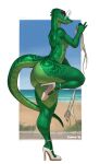 2025 5_fingers anthro beach big_butt biped breasts butt clothing countershade_torso countershading day digital_media_(artwork) eyewear female fingers footwear footwear_only foxovh glasses green_body green_tail hi_res holding_clothing holding_object lizard mostly_nude mostly_nude_anthro mostly_nude_female non-mammal_breasts on_one_leg outside reptile sand scalie sea shoes shoes_only side_view sky solo standing tail thick_thighs water yellow_sclera