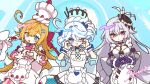  3girls ahoge apron arms_up black_bow blonde_hair bloomers blue_eyes blue_hair blue_nails blush bow breasts chef_hat chibi cream crossed_bangs diamond_(shape) drop-shaped_pupils escoffier_(genshin_impact) food food-themed_hat fruit furina_(genshin_impact) garter_straps genshin_impact grey_hair hair_between_eyes hair_ornament hat heart heart_hands heart_in_eye heterochromia highres ice_s_s_z long_hair looking_at_viewer mechanical_tail medium_breasts multicolored_hair multiple_girls nail_polish one_eye_closed open_mouth pink_bow pink_nails prosthesis prosthetic_arm red_eyes short_hair sitting skirk_(genshin_impact) small_breasts strawberry striped_clothes symbol-shaped_pupils symbol_in_eye tail thighhighs top_hat upper_body vertical-striped_clothes white_apron white_bow white_hair wrist_cuffs 