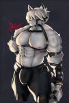 accessory anthro arm_belt belt bulge canid canine canis chest_harness clothing collar giovannilol19 gloves hair hands_behind_back handwear harness male mammal mechanical_leg mihoyo multicolored_hair muscular muscular_anthro nipples pecs red_eyes ring simple_background solo tail thick_thighs thiren victoria_housekeeping von_lycaon white_body white_hair wolf zenless_zone_zero