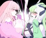  2girls antenna_hair arthropod_girl asymmetrical_docking black_sclera blush breast_press breasts cleavage_cutout closed_mouth clothing_cutout cockroach_girl colored_sclera fishnets green_eyes green_hair heart highres indie_virtual_youtuber juniper_actias large_breasts long_hair matara_kan milk_carton moth_girl multicolored_hair multiple_girls open_mouth pink_hair sideboob two-tone_hair upper_body virtual_youtuber vivi_co white_hair yuri 