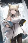  1girl absurdres arknights arknights:_endfield bare_shoulders black_gloves blonde_hair blue_eyes blunt_bangs breasts brown_pantyhose closed_mouth cowboy_shot dress ema_(kuguiema) endfield_industries_logo gloves highres jacket medium_breasts medium_hair off_shoulder pantyhose perlica_(arknights) sleeveless sleeveless_dress smile solo split_mouth standing white_dress white_jacket yellow_pupils 