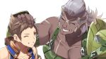  2boys black_hair brown_hair commentary_request dark-skinned_male dark_skin gloves grey_background male_focus multiple_boys muscular overalls rex_(xenoblade) short_hair simple_background smile vandham_(xenoblade_2) xenoblade_chronicles_(series) xenoblade_chronicles_2 yappen yellow_eyes 