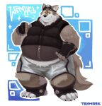 anthro armor artist_name belly big_belly brown_body brown_fur canid canine canis claws clothed clothing ear_piercing eltrymask epic_games fingerless_gloves fortnite fur gloves handwear headgear helmet hi_res looking_at_viewer male mammal obese obese_anthro obese_male overweight overweight_anthro overweight_male piercing smile solo standing text thick_thighs toe_claws topwear vest wendell_(fortnite) wolf