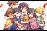  2girls 4boys aged_down alternate_costume antenna_hair aubrey_(faraway)_(omori) aubrey_(omori) bailan1130 basil_(faraway)_(omori) basil_(omori) black_eyes black_hair black_shirt blonde_hair blue_eyes blue_overalls blush bow bright_pupils brother_and_sister brothers brown_hair closed_eyes closed_mouth collarbone confetti dark-skinned_male dark_skin flower green_shirt grin group_hug hair_bow hair_flower hair_ornament hero_(faraway)_(omori) hero_(omori) highres hug kel_(faraway)_(omori) kel_(omori) letterboxed long_hair looking_at_another mari_(faraway)_(omori) mari_(omori) multiple_boys multiple_girls omori open_mouth overalls parted_lips pink_bow pink_shirt pleated_skirt red_bow shirt short_sleeves siblings skirt smile sunny_(omori) t-shirt teeth white_pupils 