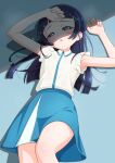  1girl aokaze_nana arched_bangs armpit_peek armpits arms_up bare_legs blue_background blue_eyes blue_hair blue_skirt blue_trim blush collared_shirt commentary cowboy_shot crack_of_light curled_fingers frilled_sleeves frills hair_ornament half-closed_eyes hand_on_own_head heat_stroke highres kimi_to_idol_precure knee_up long_hair looking_at_viewer lying on_back on_floor open_mouth pleated_skirt precure shadow shirt short_sleeves sidelighting simple_background skirt solo steam steaming_body sweat sweaty_armpits sweaty_clothes tiler_(tiler00) very_sweaty wet wet_clothes wet_shirt white_shirt x_hair_ornament 