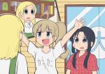  3girls :d absurdres ahoge alternate_costume apron arms_up black_eyes black_hair blonde_hair blue_eyes brown_hair cafe chinese_commentary chito_(shoujo_shuumatsu_ryokou) coffee_beans commentary_request crossover green_apron high_ponytail highres indoors long_hair looking_at_another multiple_girls mushroomsucy nichijou open_mouth plaid_clothes plaid_shirt ponytail red_shirt shirt shoujo_shuumatsu_ryokou sidelocks sliding_doors smile tamamura_(nichijou) upper_body white_shirt yuuri_(shoujo_shuumatsu_ryokou) 
