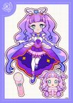  2girls absurdly_long_hair aqua_eyes asymmetrical_docking baby bare_shoulders blunt_bangs border bow bowtie breast_press bright_pupils brooch choker cure_majesty deformed detached_sleeves dot_nose dotted_line dress dual_persona elbow_gloves ellee-chan eyelashes floating frilled_sleeves frilled_thigh_strap frills full_body gloves grey_background grid_background hair_ornament happy heart heart_hair_ornament heart_print highres hirogaru_sky!_precure jewelry knee_up lace-trimmed_dress lace_trim long_dress long_hair looking_at_viewer magical_girl mary_janes microphone multiple_girls outline parted_lips precure puffy_short_sleeves puffy_sleeves purple_border purple_bow purple_bowtie purple_dress purple_hair purple_shoes shoes short_sleeves sidelocks signature sitting sleeveless sleeveless_dress smile thigh_strap thighhighs two_side_up uwded_207 vertical-striped_sleeves very_long_hair wavy_hair white_gloves white_outline white_pupils white_sleeves white_thighhighs wing_hair_ornament yellow_choker 