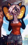 absurd_res anthro blep bottomwear canid canine clothing cloud cloudy_sky cobra fangs female fluffy forked_tongue fox hi_res hybrid lonerdemiurge mammal plant reptile scalie shorts sky sleeveless_shirt slim smile snake snake_hood spots summer teeth tongue tongue_out tree