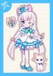  1girl ;o aqua_bow aqua_bowtie bag_bow blue_bag blue_border blue_bow blue_brooch blue_choker blue_crown blue_eyes blue_shoes blue_sleeves blunt_bangs blunt_ends border bow bow_choker bow_legwear bowtie bright_pupils brooch cat choker crown crown_earrings cure_nyammy deformed dot_nose dotted_line dress dress_bow dual_persona earrings expressionless eyelashes frilled_arm_warmers frilled_sleeves frilled_thighhighs frills grey_background grid_background hair_bow heart heart_brooch high_heels highres jewelry large_bow long_hair looking_at_viewer magical_girl medium_dress mini_crown multicolored_bow nekoyashiki_yuki nekoyashiki_yuki_(cat) one_eye_closed outline parted_lips pink_bow precure pumps purple_bow shoes short_sleeves signature single_stripe striped_bow striped_bowtie striped_clothes striped_sleeves thighhighs two-tone_bag uwded_207 very_long_hair waist_bag white_arm_warmers white_bag white_bow white_cat white_dress white_hair white_outline white_pupils white_thighhighs wonderful_precure! 