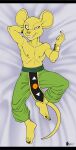 2024 anthro bottomwear bracelet buckteeth clenched_teeth clothed clothing dakimakura dakimakura_design dragon_ball dragon_ball_z fur gesture hi_res jewelry loincloth looking_at_viewer lying male mammal marcushunter mouse murid murine nipples on_back pants quitela rodent shirtless shirtless_anthro shirtless_male signature smile smiling_at_viewer solo suggestive suggestive_gesture tail teeth topless topless_anthro topless_male yellow_body yellow_fur