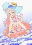  1girl absurdres ahoge bare_arms bare_legs bare_shoulders barefoot bikini braid breasts brown_eyes commentary_request feet flower frilled_bikini frills full_body grey_hair hair_between_eyes hat hat_flower highres innertube multicolored_hair onii-chan_wa_oshimai! open_mouth oyama_mahiro pink_bikini pink_hair robomito side_braid single_braid small_breasts soles solo straw_hat sun_hat swim_ring swimsuit toes two-tone_hair water 