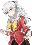  1girl absurdres blue_eyes bow bowtie charlotte_(anime) chinese_commentary collarbone commentary earphones highres holding holding_phone hoshinoumi_academy_school_uniform looking_at_viewer looking_down one_side_up phone pout reaching reaching_towards_viewer red_shirt sailor_collar school_uniform shirt signature simple_background solo tomori_nao upper_body white_background white_hair white_sailor_collar yellow_bow yellow_bowtie yisjhui 