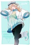 1girl absurdres black_pantyhose blonde_hair blue_eyes boots cobacomimiz33 goggles goggles_on_head hair_over_one_eye highres jacket leg_up long_hair mario_(series) mario_kart mario_kart_world pantyhose rosalina sleeves_past_fingers sleeves_past_wrists turtleneck turtleneck_jacket white_boots zipper_pull_tab 
