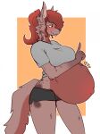 2025 anthro aster_(dima) belly big_belly blush breasts brown_body brown_fur brown_nose canid canine colored digital_media_(artwork) dima_(artist) female fetal_movement flat_colors fur hair hand_on_belly hi_res humanoid_hands mammal markings medium_breasts midriff navel orange_eyes outie_navel portrait pregnant red_hair side_view solo spots spotted_body spotted_fur three-quarter_portrait