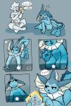 2023 all_fours ambiguous_gender anthro black_nose black_sclera blue_body blue_pawpads blue_tongue camera_view cellphone clothed clothed_human clothing colored comic dialogue digitigrade duo ear_frill eeveelution electronics eyes_closed first_person_view frill_(anatomy) front_view fully_clothed fully_clothed_human generation_1_pokemon gesture head_crest head_frill hi_res holding_object holding_phone human japanese_text kneeling licking looking_at_viewer low-angle_view mammal membrane_(anatomy) membranous_frill neck_frill netchy_boo nintendo nude nude_anthro open_mouth pawpads phone pokemon pokemon_(species) pupils self_lick shadow sitting sitting_on_ground smartphone smile solo_focus speech_bubble standing stretching tail text three-quarter_view tongue translated vaporeon waving white_frill white_pupils worm&#039;s-eye_view
