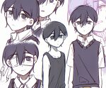  2boys antenna_hair bailan1130 black_eyes black_hair black_sweater_vest black_tank_top blush bright_pupils closed_mouth collared_shirt crying dual_persona expressionless eyepatch highres looking_at_viewer male_focus multiple_boys omori omori_(omori) open_mouth shirt short_hair short_sleeves smile spoilers sunny_(omori) sweater_vest tank_top white_pupils white_shirt 
