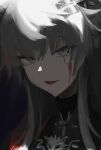  1girl arknights blood blood_on_face close-up commentary_request dark grey_eyes grey_hair hair_between_eyes hair_ornament hairclip highres lappland_(arknights) lappland_the_decadenza_(arknights) long_hair looking_at_viewer ncfnwzn portrait scar scar_across_eye scar_on_face smile solo unfinished 